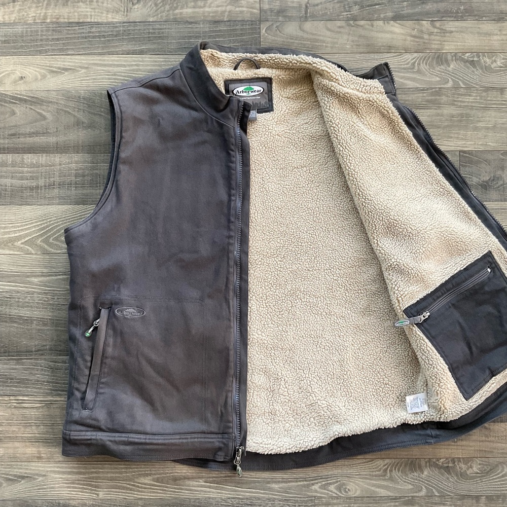 Arborwear Duck Canvas Sherpa Lined Vest Men’s 2XL Grey Fill Zip Pockets Stretch